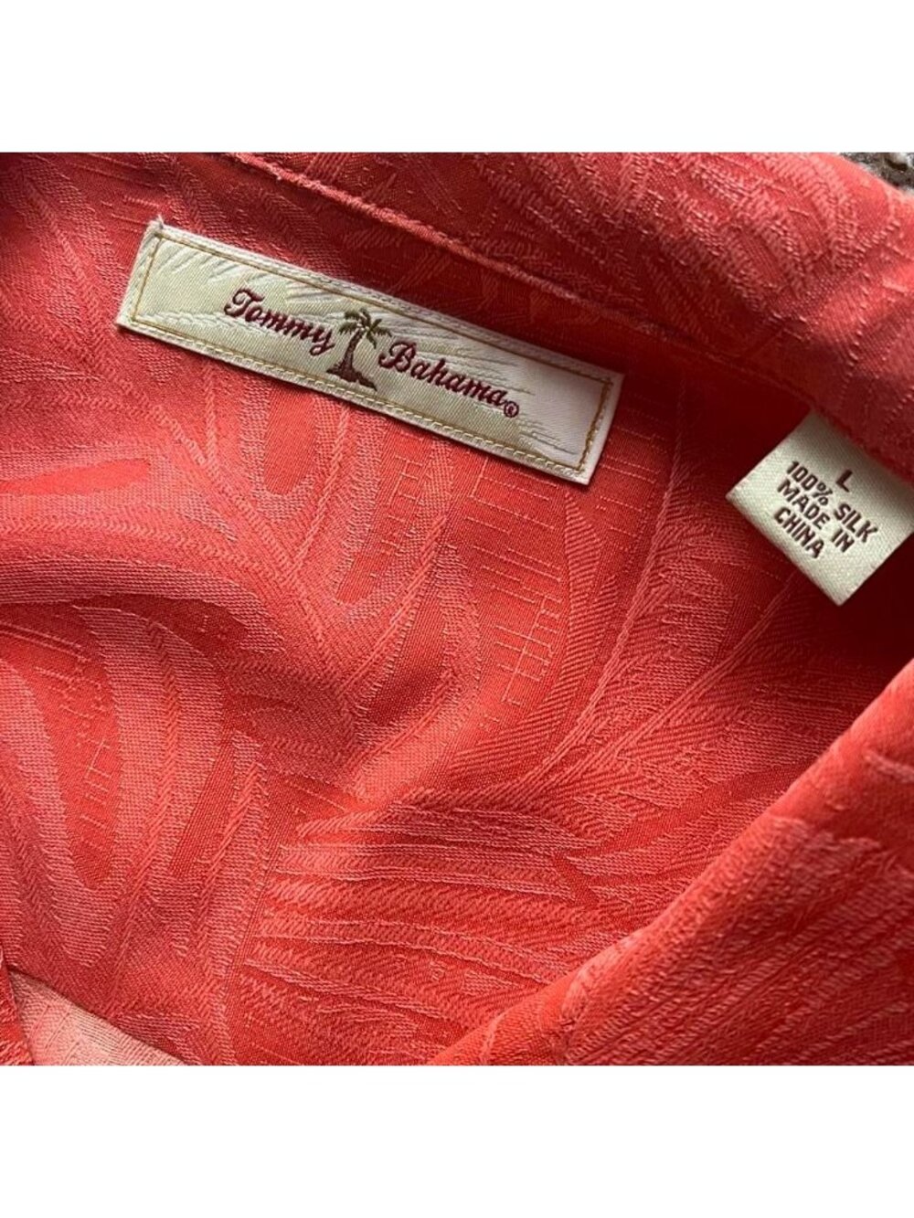 Tommy Bahama Mens Large Silk Tropical Jacquard Camp Shirt Orange Palm Tree L - Picture 3 of 7